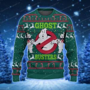 A Green Ugly Christmas Sweater With Ghostbusters On It