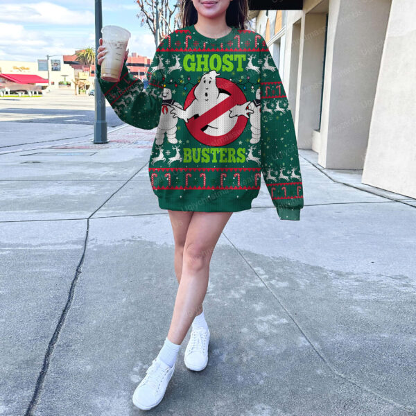 A Green Ugly Christmas Sweater With Ghostbusters On It