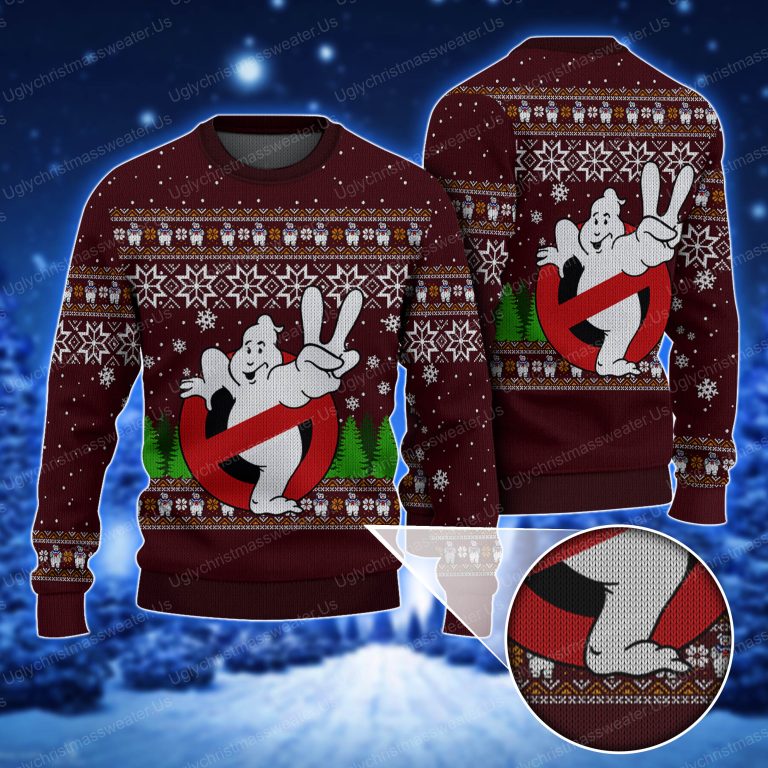 Ghostbusters Logo With Marshmallow Man Pattern Ugly Sweater Uglychristmassweater.us 2023
