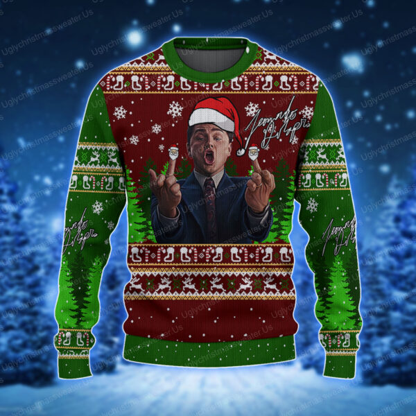 Leonardo DiCaprio Santa Claus Style Wolf Of Wallstreet Crimson Red And Deep Blue Ugly Christmas Sweater