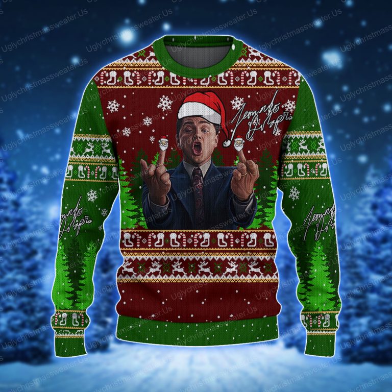 Leonardo DiCaprio Wolf Of Wallstreet Crimson Red And Deep Blue Ugly Christmas Sweater