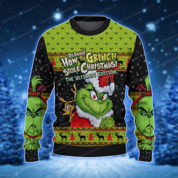 Cute Green Grinch Face Christmas Sweater Snow Pattern 1 Uglychristmassweater.us 2023