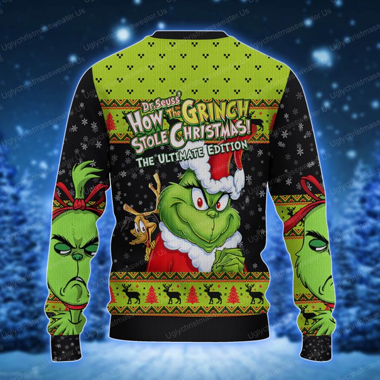 Cute Green Grinch Face Christmas Sweater Snow Pattern 2 Uglychristmassweater.us 2023