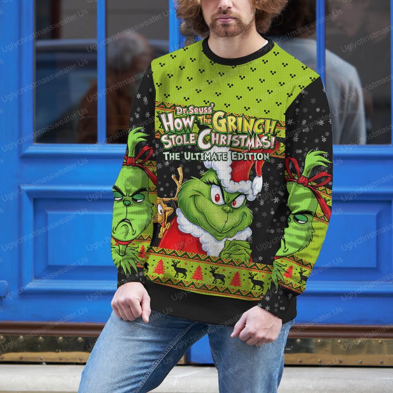 Cute Green Grinch Face Christmas Sweater Snow Pattern 3 Uglychristmassweater.us 2023