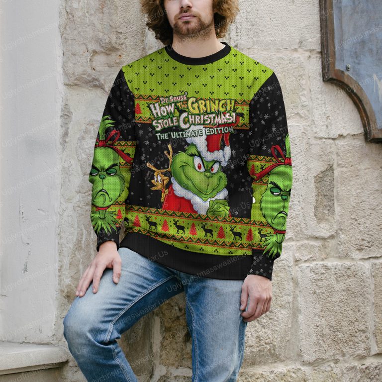 Cute Green Grinch Face Christmas Sweater Snow Pattern 4 Uglychristmassweater.us 2023