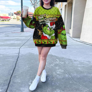 Cute Green Grinch Face Christmas Sweater Snow Pattern