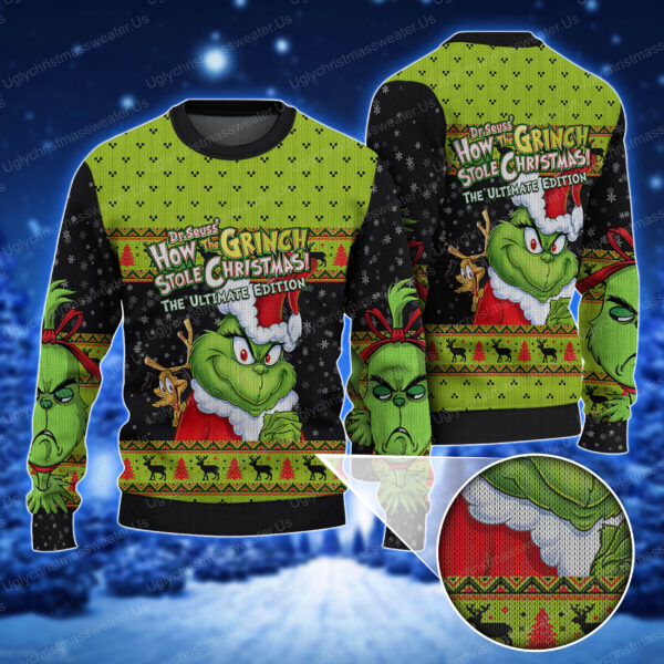 Cute Green Grinch Face Christmas Sweater Snow Pattern