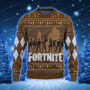 Fortnite Battle Royale Charactor Pattern Brown Ugly Christmas Sweater 1 Uglychristmassweater.us 2023