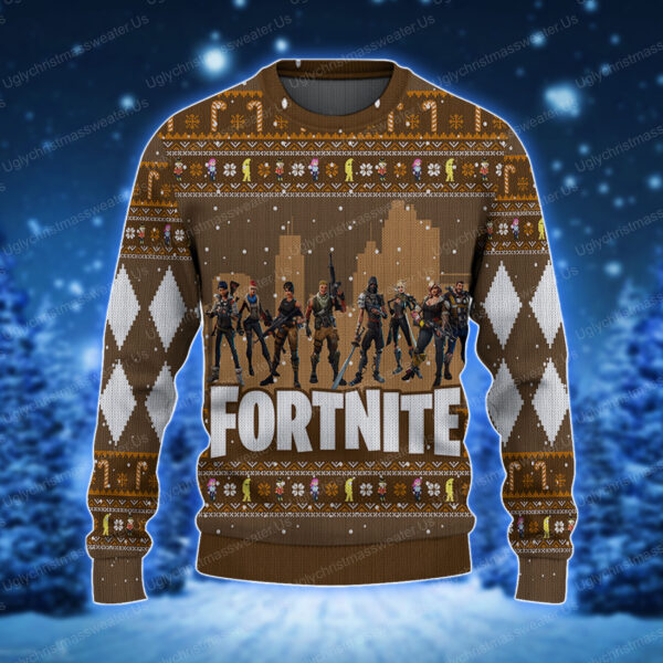Fortnite Battle Royale Charactor Pattern Brown Ugly Christmas Sweater 1 Uglychristmassweater.us 2023