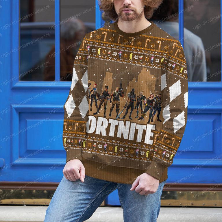 Fortnite Battle Royale Charactor Pattern Brown Ugly Christmas Sweater 3 Uglychristmassweater.us 2023