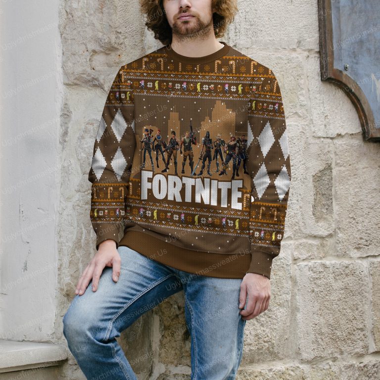 Fortnite Battle Royale Charactor Pattern Brown Ugly Christmas Sweater 4 Uglychristmassweater.us 2023