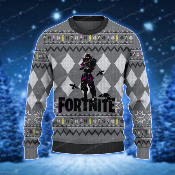 Fortnite Raven Logo Silver And White Color Ugly Holiday Sweater 1 Uglychristmassweater.us 2023