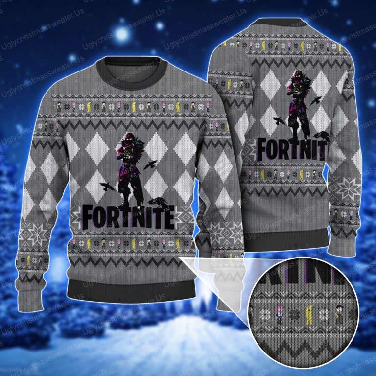 Fortnite Raven Logo Silver And White Color Ugly Holiday Sweater Uglychristmassweater.us 2023