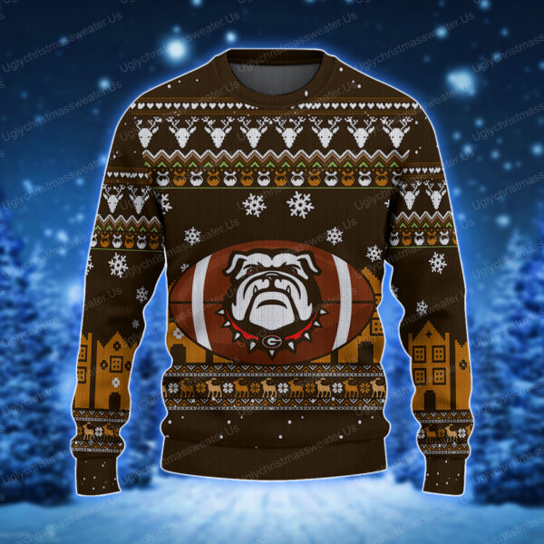 Georgia Bulldogs Logo With Super Bowl Ugly Sweater Brown And Bold Yellow 1 Uglychristmassweater.us 2023