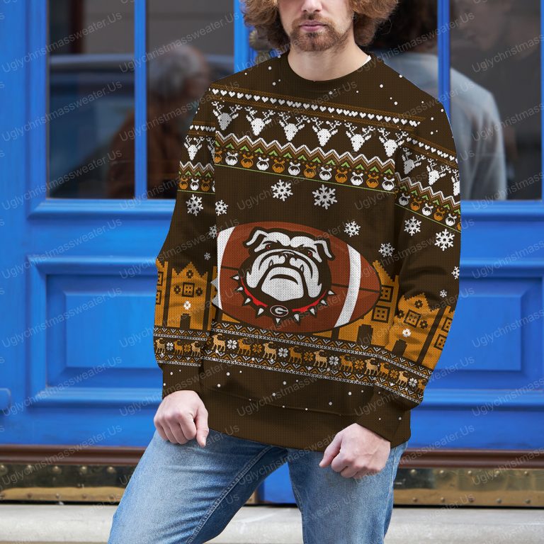 Georgia Bulldogs Logo With Super Bowl Ugly Sweater Brown And Bold Yellow 3 Uglychristmassweater.us 2023