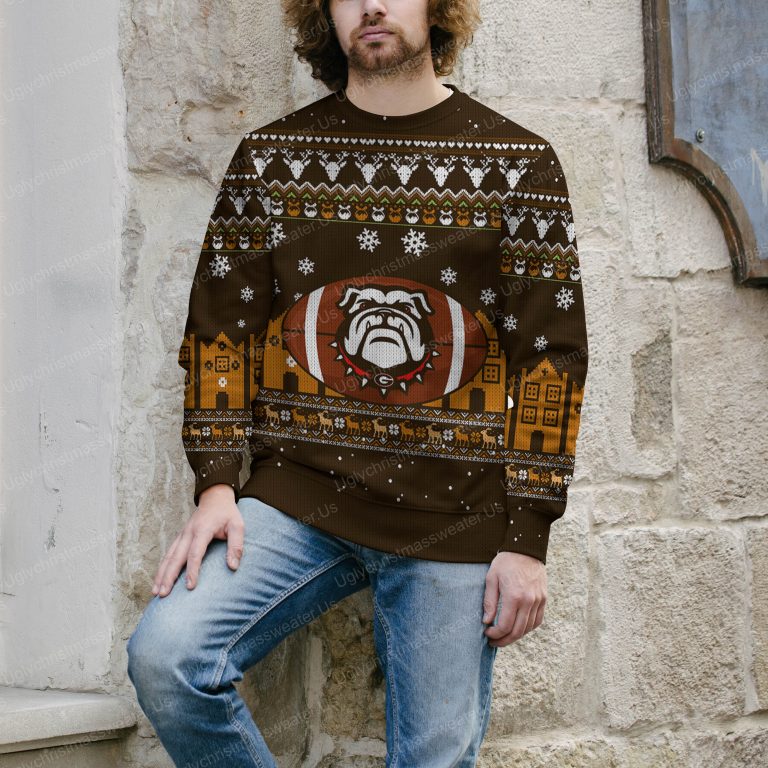 Georgia Bulldogs Logo With Super Bowl Ugly Sweater Brown And Bold Yellow 4 Uglychristmassweater.us 2023