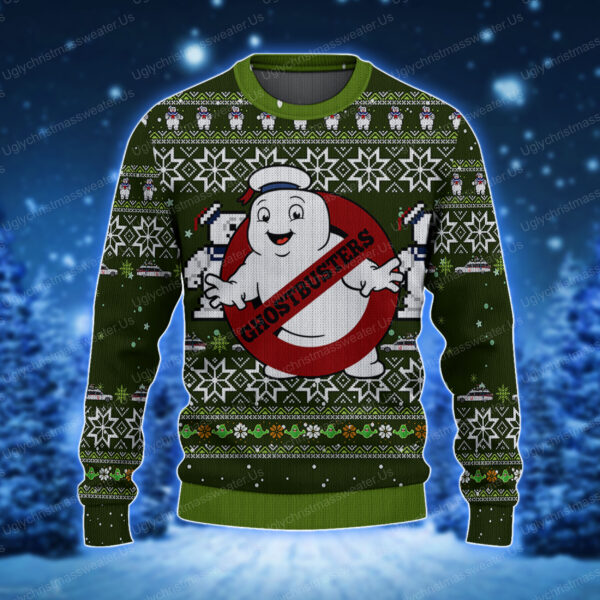 Ghostbusters Dark Green Spooky Style Ugly Christmas Sweater 1 Uglychristmassweater.us 2023