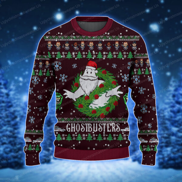 Ghostbusters Dark Red Santa Claus Style Ugly Christmas Sweater 1 Uglychristmassweater.us 2023