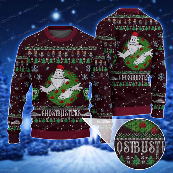Ghostbusters Dark Red Santa Claus Style Ugly Christmas Sweater