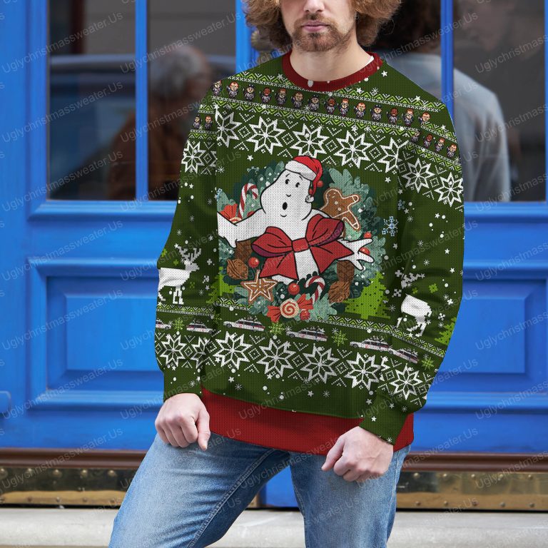 Ghostbusters Gift Box Style Dark Green And Crimson Red Ugly Christmas Sweater 3 Uglychristmassweater.us 2023