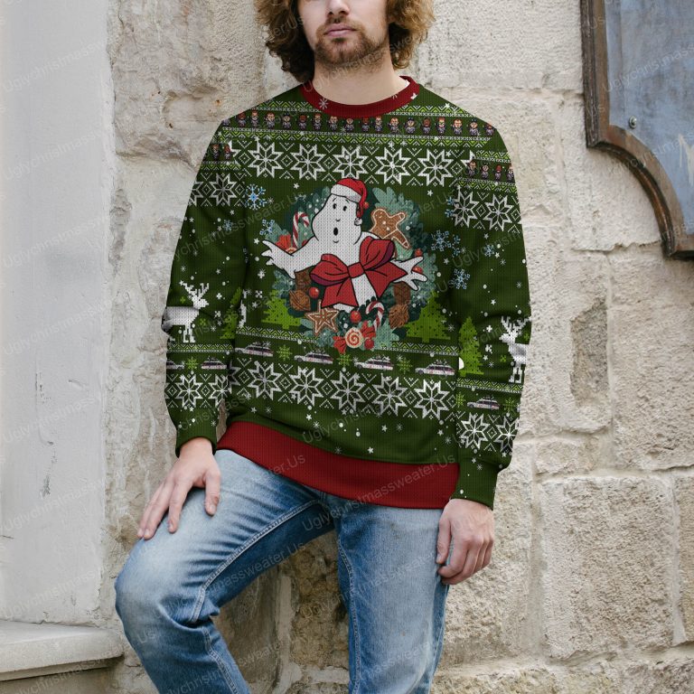 Ghostbusters Gift Box Style Dark Green And Crimson Red Ugly Christmas Sweater 4 Uglychristmassweater.us 2023