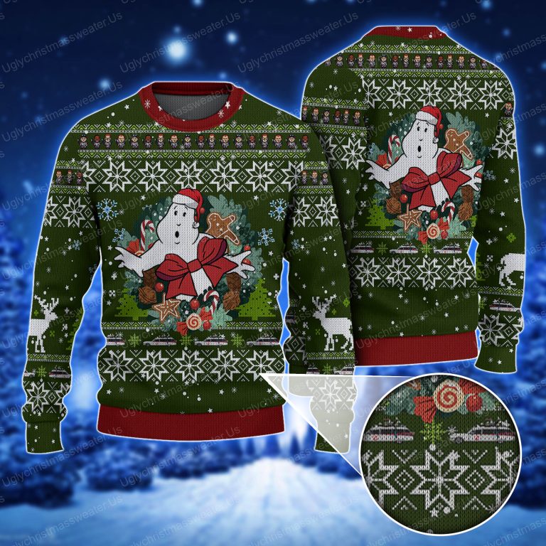 Ghostbusters Gift Box Style Dark Green And Crimson Red Ugly Christmas Sweater Uglychristmassweater.us 2023