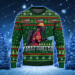 Firefighter Mascot Logo Vector Christmas Sweater Green And Red