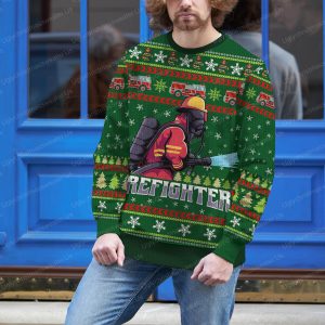 Firefighter Mascot Logo Vector Christmas Sweater Green And Red