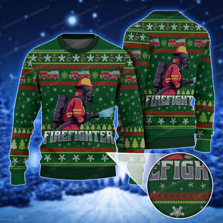 Firefighter Mascot Logo Vector Christmas Sweater Green And Red - Uglychristmassweater.us