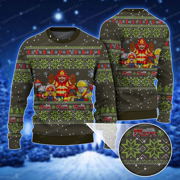 Hero Firefighter Christmas Sweater Vector Fire Truck Silver And Green Color - Uglychristmassweater.us
