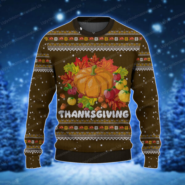 Merry Thanksgiving Pumpkin Ugly Holiday Sweater Brown 1 - Uglychristmassweater.us
