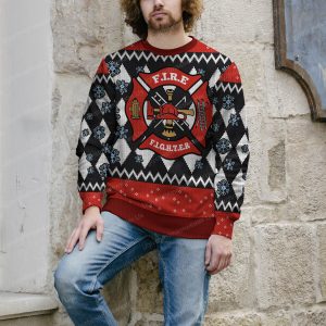 Red Fire Department Badge Christmas Sweater Red And Black