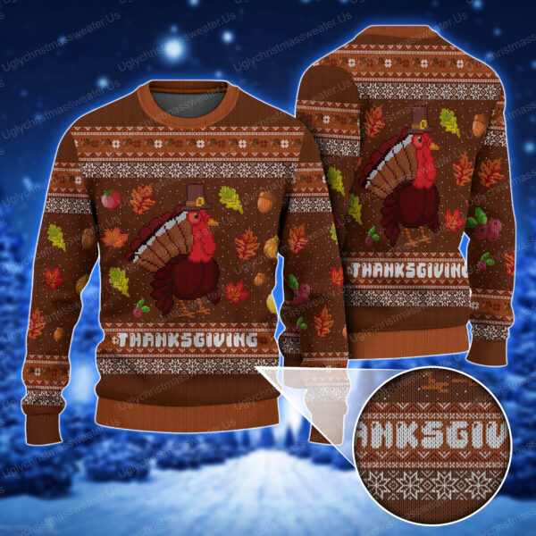 Thank Giving Leaf Turkey Chicken Pattern Ugly Xmas Sweater