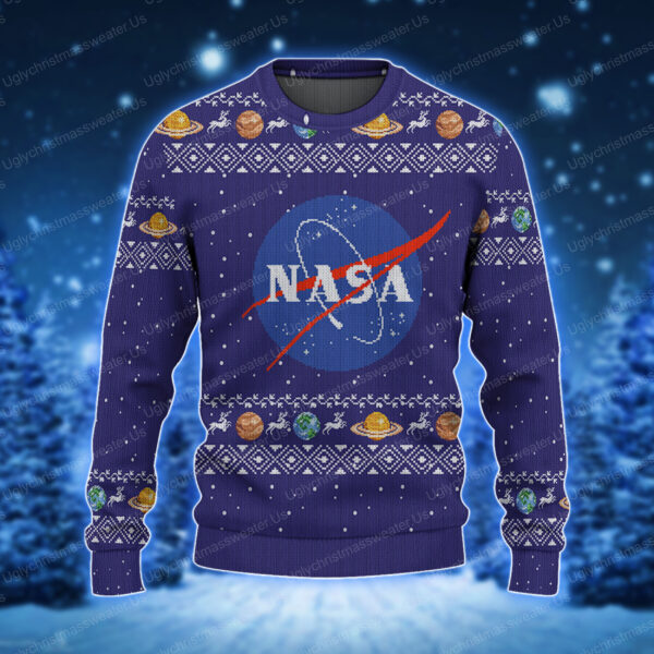 Purple Nasa Logo With Moon Rocket Astronaut Pattern Ugly Xmas Sweater
