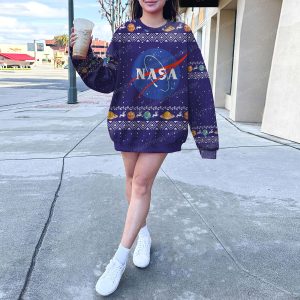 Purple Nasa Logo With Moon Rocket Astronaut Pattern Ugly Xmas Sweater