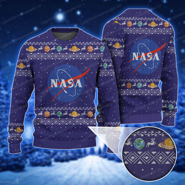 Purple Nasa Logo With Moon Rocket Astronaut Pattern Ugly Xmas Sweater