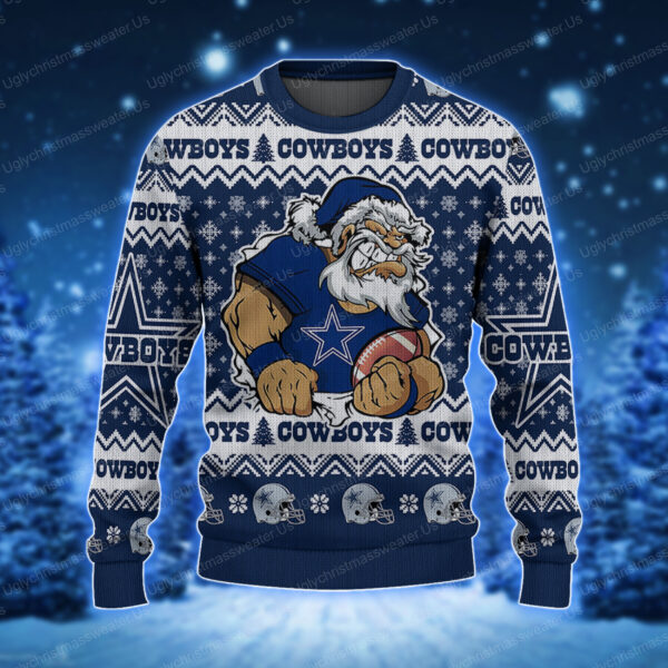 Santa Claus Dallas Cowboys Holding Football American Helmet Pattern Ugly Sweater 1 - Uglychristmassweater.us