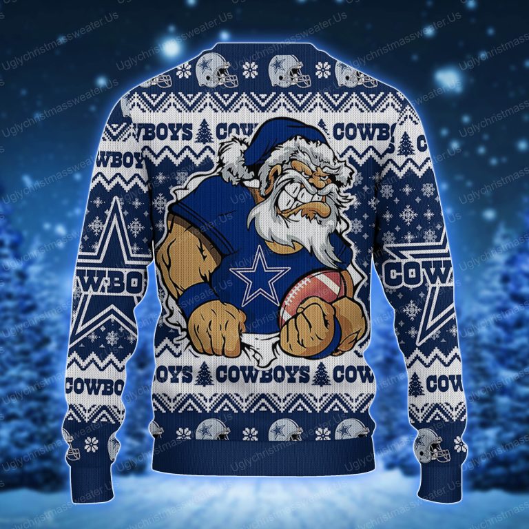 Santa Claus Dallas Cowboys Holding Football American Helmet Pattern Ugly Sweater 2 - Uglychristmassweater.us
