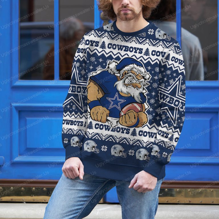 Santa Claus Dallas Cowboys Holding Football American Helmet Pattern Ugly Sweater 3 - Uglychristmassweater.us