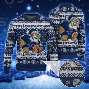 Santa Claus Dallas Cowboys Holding Football American Helmet Pattern Ugly Sweater