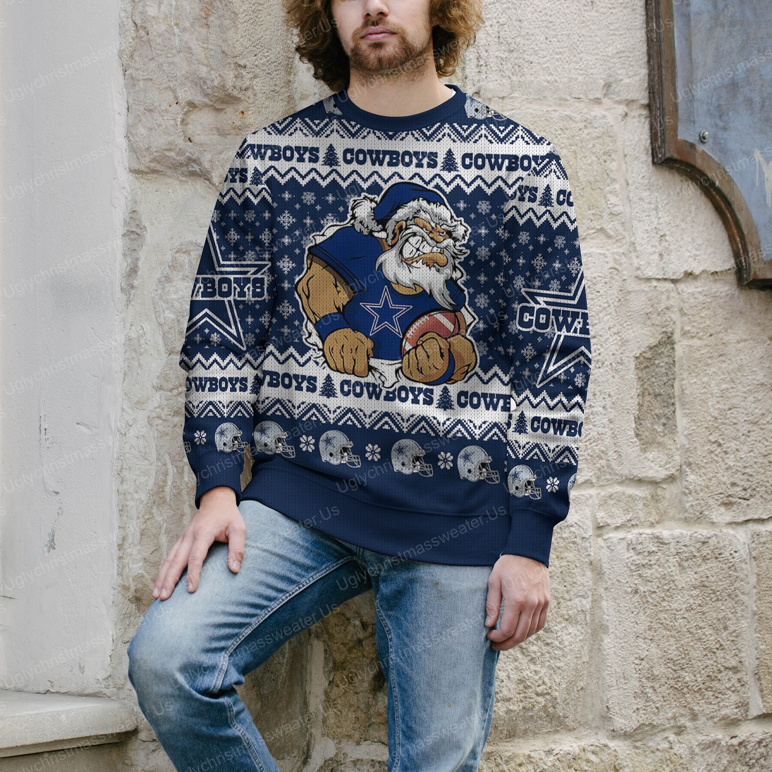 Santa Claus Dallas Cowboys Holding Football American Helmet Pattern Ugly Sweater