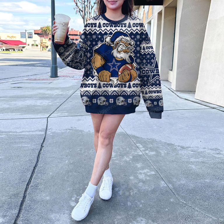 Santa Claus Dallas Cowboys Holding Football American Helmet Pattern Ugly Sweater 6 - Uglychristmassweater.us