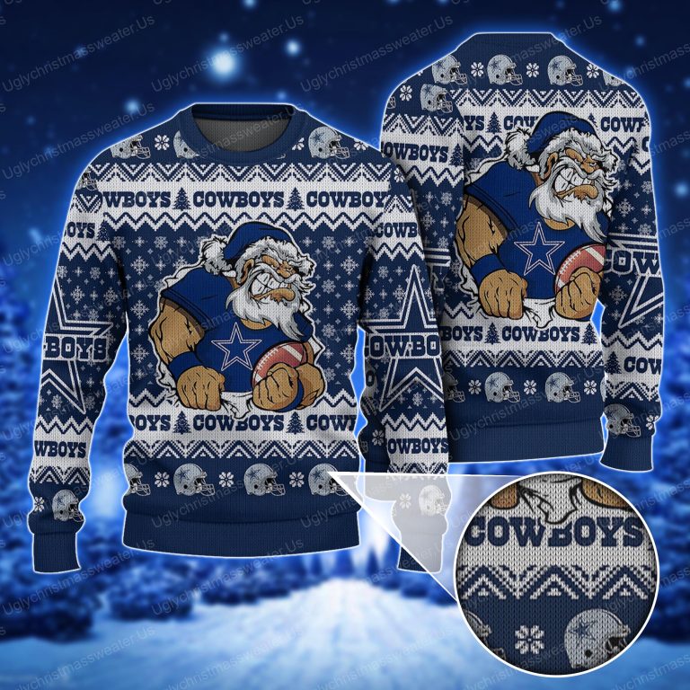 Santa Claus Dallas Cowboys Holding Football American Helmet Pattern Ugly Sweater - Uglychristmassweater.us