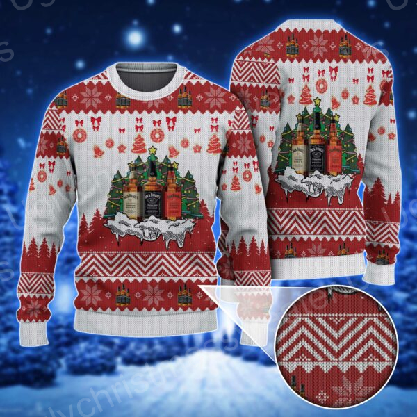 Celebrate In Style: White Ugly Sweater Adorned With Jack Daniel's, Christmas Trees And Snowflakes