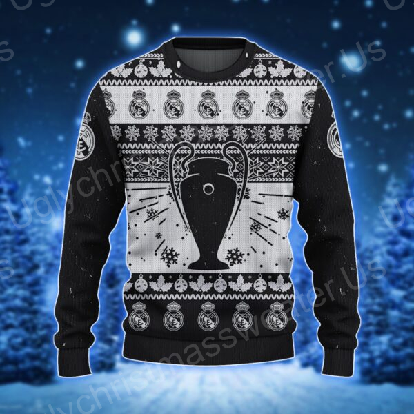 Cheerful Celebration: Ugly Sweater With Real Madrid Cup Vector In Black And White