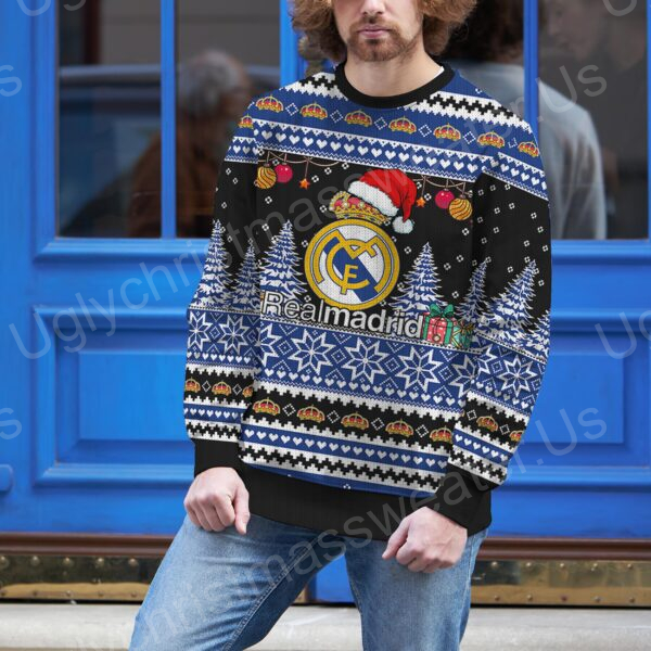 Cheerful Spirit: Ugly Sweater With Real Madrid Logo Santa Hat In Black And Blue