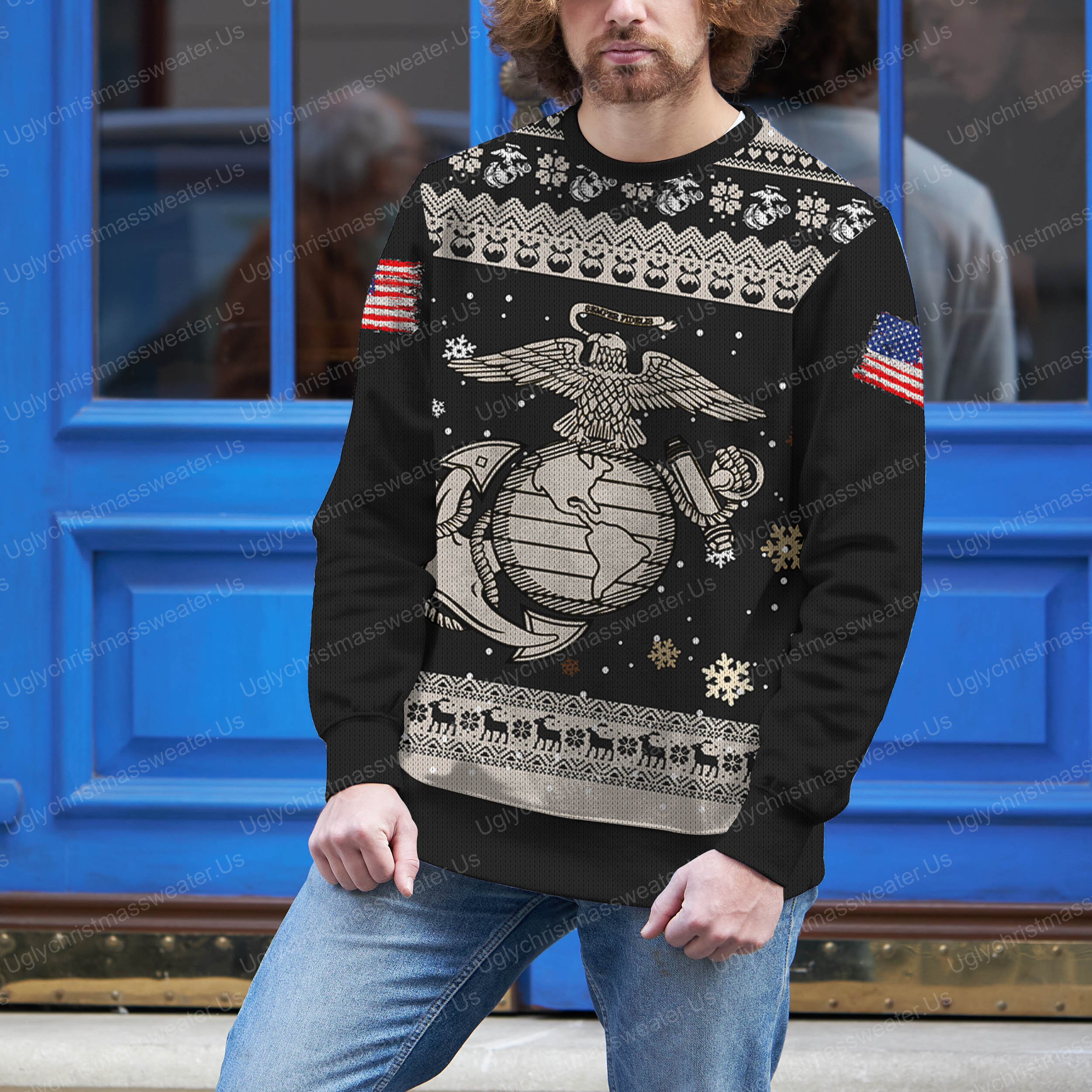 Eagle & American Flag: Marine Corps Heritage Ugly Sweater Vanilla, Black, Red And Blue
