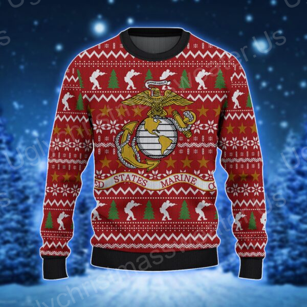 Embrace Marine Corps Pride: Eagle-Inspired Ugly Sweater In Red, White And Gold