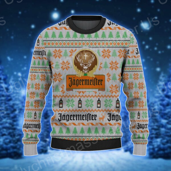 Green And Orange Ugly Sweater With Jagermeister Logo, Snowflake And Festive Pine Tree Pattern