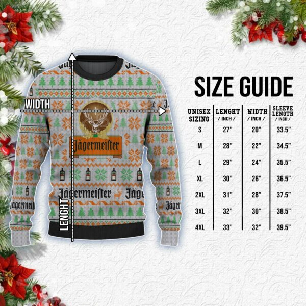 Green And Orange Ugly Sweater With Jagermeister Logo, Snowflake And Festive Pine Tree Pattern
